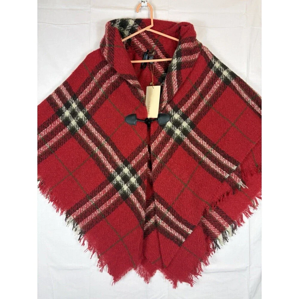 Altare Cape Poncho Fringed Toggle Red Plaid OS NWT Cozy Fall Boho